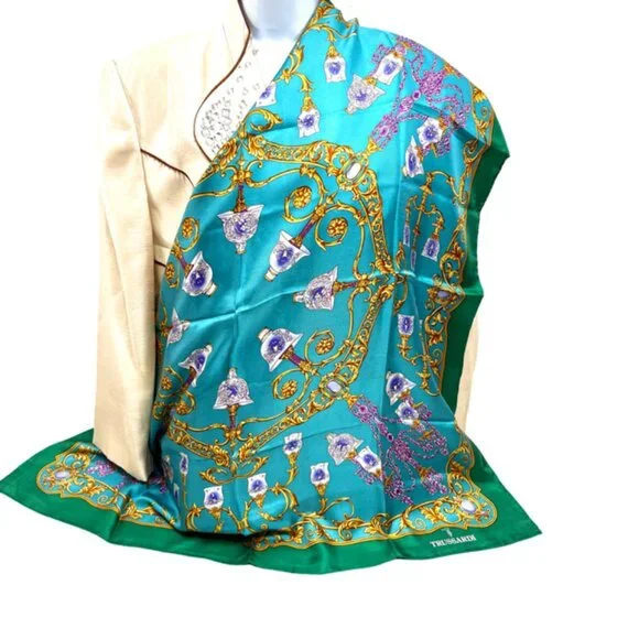 Unused TRUSSARDI 100% SILK Lg SCARF 34" Teal Green Gold Glass Purple (40 - Picture 7 of 13